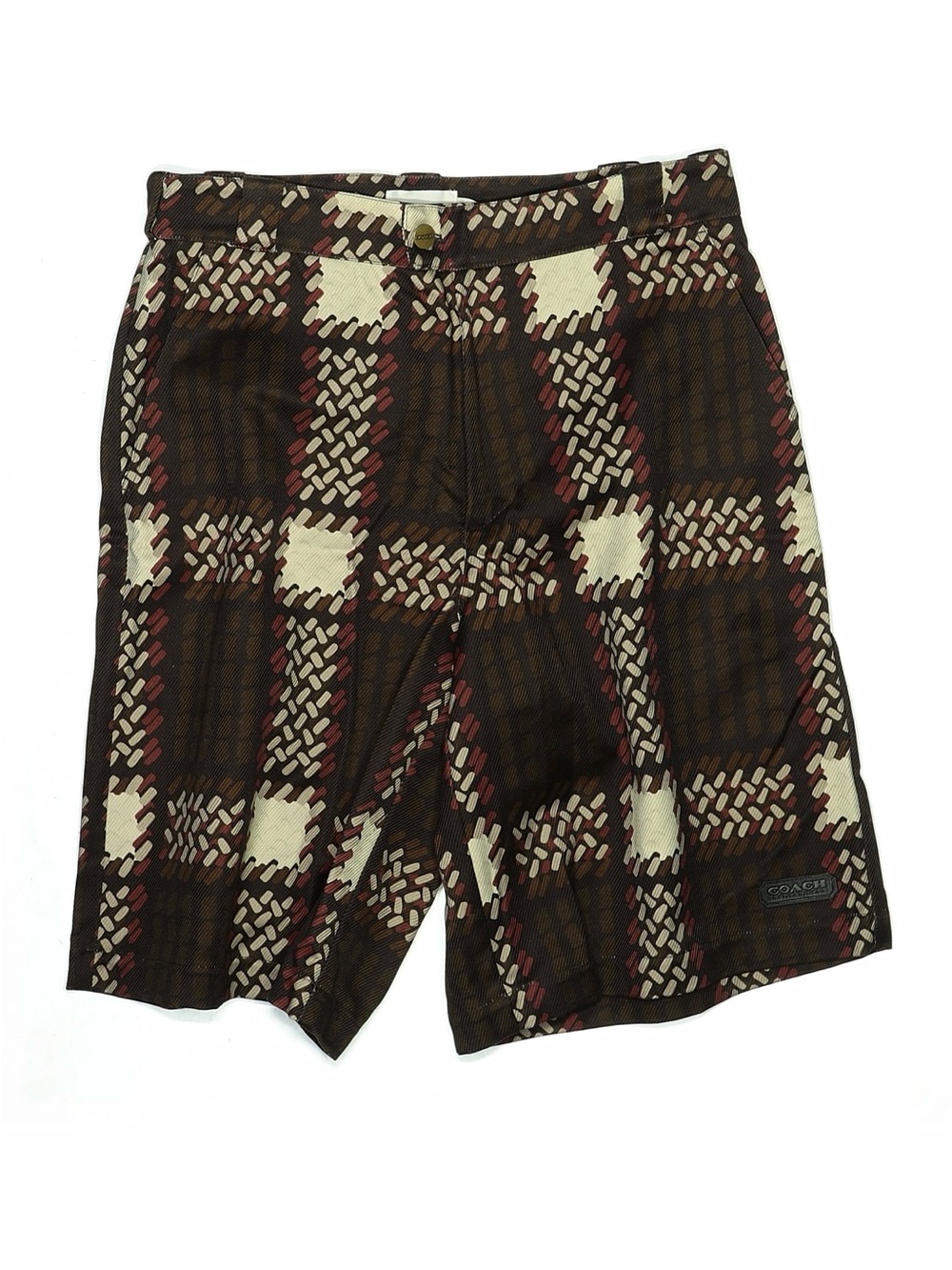 Coach Cotton Plaid Utility Shorts Cream Brown Leather Trim Preppy Menswear Sz L
